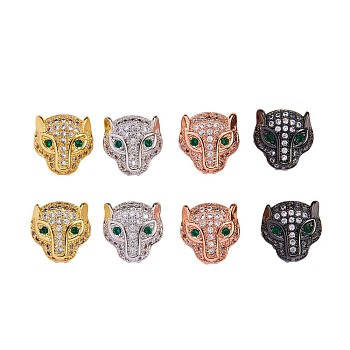 8Pcs 4 Color Rack Plating Hollow Brass Micro Pave Cubic Zirconia Beads, Cadmium Free & Lead Free, Leopard Head Shape, Mixed Color, PP12(1.8~1.9mm,55~56x30~31x6~7mm, Hole: 9x5mm