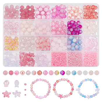 DIY Beads Jewelry Making Finding Kit, Including Round & Fish & Starfish Glass & Cat Eye & Seed Beads, Imitation Pearl & Imitation Jade & Crackle, Pink
