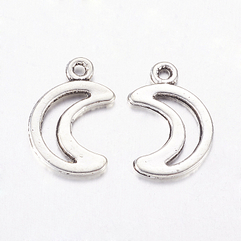 Tibetan Style Alloy Pendants, Moon, Antique Silver, Lead Free & Cadmium Free, 17x11x1mm, Hole: 1.5mm