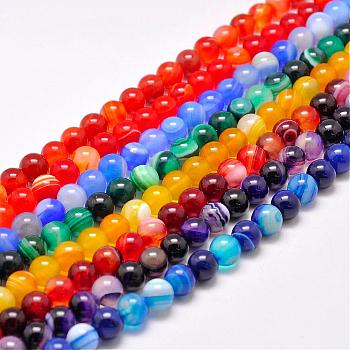 Natural Striped Agate/Banded Agate Bead Strands, Dyed & Heated Color, Round, Grade A, Mixed Color, 8mm, Hole: 1mm, about 48pcs/strand, 15.1 inch(385mm)
