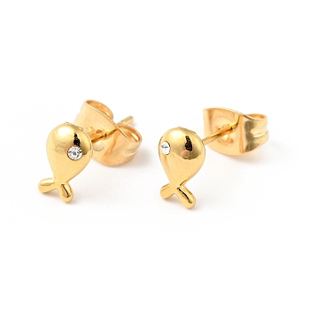 Crystal Rhinestone Tiny Fish Stud Earrings with 316 Stainless Steel Pins for Women, Golden, 7x4mm, Pin: 0.6mm