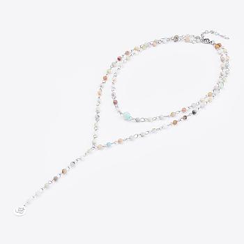 Natural Flower Amazonite Lariat Necklaces, with Stainless Steel Findings and Yoga Charms, Packing Box, 33 inch(84cm)