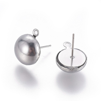 Stainless Steel Stud Earring Findings, with Loop, Half Round, Stainless Steel Color, 14.5x12mm, Hole: 1.4mm, Pin: 0.7mm