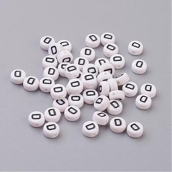 Flat Round with Letter D Acrylic Beads, with Horizontal Hole, White & Black, Size: about 7mm in diameter, 4mm thick, hole: 1mm