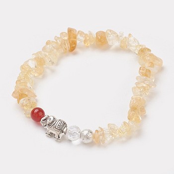 Natural Citrine(Dyed & Heated) Chips Stretch Bracelets, with Carnelian(Dyed & Heated) and Alloy Elephant, Antique Silver, 2-1/8 inch(5.4cm), bag: 12x9cm