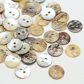 2-Hole Flat Round Mother of Pearl Buttons, Akoya Shell Button, Tan, 10x1mm, Hole: 1.5mm, about 2880pcs/bag