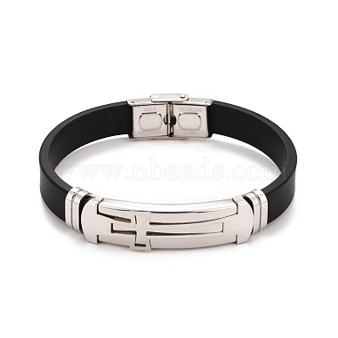 201 rectangle en acier inoxydable avec bracelet à maillons croisés avec cordon en cuir pu pour hommes femmes(BJEW-G649-08P)-2