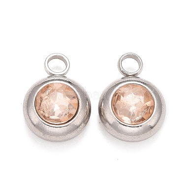 Stainless Steel Color PeachPuff Flat Round Stainless Steel+Rhinestone Charms