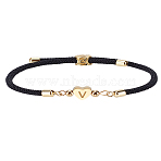 1Pc Adjustable Nylon Cord Bracelets for Women Men, with  304 Stainless Steel + Brass Heart with Letter Jewelry, Lead Free & Nickel Free & Cadmium Free, Letter V, Inner Diameter: 2-1/2~2-5/8 inch(6.35~6.75cm), heart: 7x8mm(BJEW-LP0001-30V)