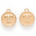 Golden Plated Alloy Enamel Charms, Cadmium Free & Lead Free, Enamelled Sequins, Flat Round with Letter, Wheat, Letter.T, 14x12x2mm, Hole: 1.5mm(X-ENAM-S118-06T)