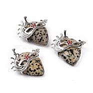 Natural Dalmatian Jasper Pendants, Teardrop with Mask Charms, with Rack Plating Platinum Plated Brass Ruby Rhinestone Findings, 37~37.5x34.5~36x10~11mm, Hole: 6x4mm(G-P496-02P-06)