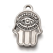 304 Stainless Steel Pendants, Hamsa Hand/Hand of Fatima /Hand of Miriam with Evil Eye, Antique Silver, 19.5x13.5x1.5mm, Hole: 1.8mm(X-STAS-I170-41AS)