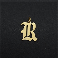 201 Stainless Steel Pendants, with Jump Ring, Old English, Letter, Laser Cut, Golden, Letter.R, 16x13x1mm, Hole: 3mm(STAS-R111-JA566-R)