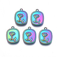 Rack Plating Rainbow Color 304 Stainless Steel Pendant Rhinestone Setttings, Rectangle with Flower, 18x13x2.5mm, Hole: 1.4mm, Fit For 1.4mm Rhinestone(STAS-N098-031)