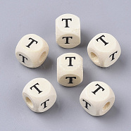 Printed Natural Wood Beads, Horizontal Hole, Cube with Initial Letter, PapayaWhip, Letter.T, 10x10x10mm, Hole: 3.5mm, about 1000pcs/500g(WOOD-T026-001T)