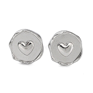 Ion Plating(IP) 304 Stainless Steel Flat Round with Heart Ear Studs for Women, Stainless Steel Color, 13x12.5mm(EJEW-P234-16P)