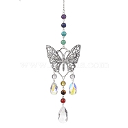 Alloy Hollow Butterfly Pendant Decoration, Round Chakra Gemstone and Glass Teardrop Tassel for Home Garden Outdoor Hanging Ornaments, Antique Silver, 296mm(HJEW-TA00227)