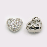 Hollow Heart Brass Cubic Zirconia Beads, Platinum, 12x13.5x8mm, Hole: 1mm(ZIRC-F001-136P)
