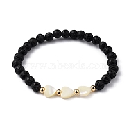 Stretch Beaded Bracelets, with Heart Natural Trochid Shell Beads, Round Natural Lava Rock Beads and Golden Plated Brass Beads, Inner Diameter: 2-1/8 inch(5.5cm)(BJEW-JB05403-01)