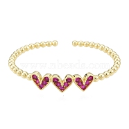 Cubic Zirconia Triple Heart Open Cuff Bangle, Real 18K Gold Plated Brass Jewelry for Women, Magenta, Inner Diameter: 1-7/8x2-1/8 inch(4.9x5.5cm)(BJEW-G651-09G-01)