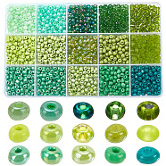 1800Pcs 15 Colors Glass Round Seed Beads, Opaque & Baking Paint & Ceylon & Frosted & Transparent & Silver Lined, Green, 4~5x3~4mm, Hole: 1~2mm, about 120Pcs/color(SEED-AR0001-18)