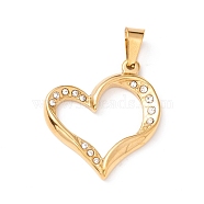 304 Stainless Steel Pendant,  Rhinestone, Heart, Golden, 32x29x3.5mm, Hole: 9x4.5mm(STAS-C045-05G)