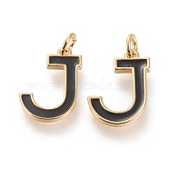 Brass Enamel Pendants, with Jump Ring, Long-Lasting Plated, Real 18K Gold Plated, Letter.J, Black, Letter.J, J: 17x12.5x1.8mm, Jump Rings: Inner Diameter: 3mm(KK-R139-03J)