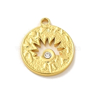 304 Stainless Steel Pendants, with Rhinestone, Flat Round with Sun Charm, Real 18K Gold Plated, 20.5x18x2.5mm, Hole: 1.8mm(STAS-Q322-29G-04)