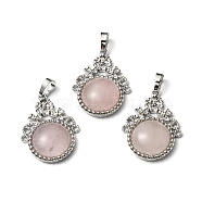 Natural Rose Quartz Pendants, with Rack Plating Brass Findings, Cadmium Free & Lead Free, Flat Round & Flower, 34~34.5x25.5~26x8.5~9mm, Hole: 8x5.5mm(G-P498-01P-02)