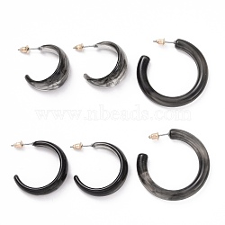 C-shape Stud Earrings, Resin Half Hoop Earrings, Open Hoop Earrings for Women, Black, 27~40.5x6~10.5mm, Pin: 0.8mm, 3 pairs/set(EJEW-D277-14G)