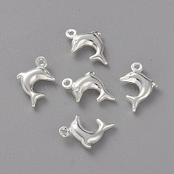 Brass Charms, Long-Lasting Plated, Dolphin, 925 Sterling Silver Plated, 13.5x9x3mm, Hole: 1mm(X-KK-H739-08B-S)