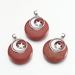 Natural Red Jasper Pendants, with Platinum Tone Brass Findings, Flat Round with Moon and Star, 32x28x7mm, Hole: 4x5mm(KK-F751-F17)