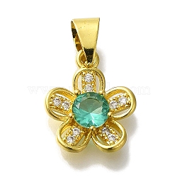 Flower Rack Plating Brass Micro Pave Cubic Zirconia Pendant, with Glass Rhinestone, Lead Free & Cadmium Free, Long-Lasting Plated, Golden, Light Sea Green, 15x12x4mm, Hole: 5x4mm(KK-H485-01G-04)