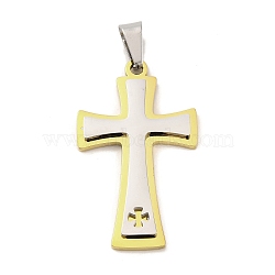 PVD Vacuum Plating 304 Stainless Steel Pendants, Cross Charm, Religion, Golden & Stainless Steel Color, 42x25x3.5mm, Hole: 4.6x7.8mm(STAS-Z080-12G)