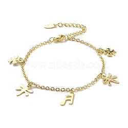 201 Stainless Steel Dragonfly & Clover & Music Note Charms Bracelet with 304 Stainless Steel Chains for Women, Golden, 6-7/8 inch(17.5cm)(BJEW-C019-25G)