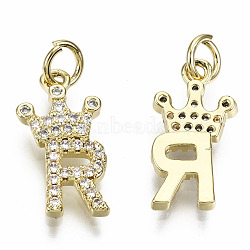 Brass Micro Pave Clear Cubic Zirconia Pendants, with Jump Ring, Nickel Free, Letter, Real 16K Gold Plated, Letter.R, 17x9x2mm, Jump Ring: 5x0.8mm, Inner Diameter: 3mm(KK-T013-07R-NF)