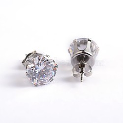 Flat Round 304 Stainless Steel Cubic Zirconia Stud Earrings, Clear, 4mm, Pin: 0.9mm(EJEW-H306-38-4mm-A)
