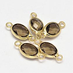 Oval Faceted Golden Brass Glass Links connectors, Dark Khaki, 15x7x3.2mm, Hole: 1mm(GLAA-O014-16G)