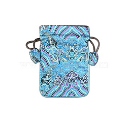 Chinese Style Cloth Landscape Print Bags, Drawstring Pouches for Jewelry Storage, Rectangle, Light Sky Blue, 15x10cm(PW-WG48942-07)