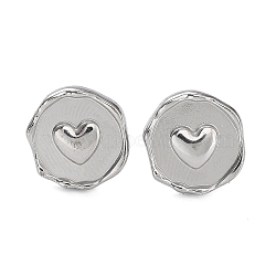 Ion Plating(IP) 304 Stainless Steel Flat Round with Heart Ear Studs for Women, Stainless Steel Color, 13x12.5mm(EJEW-P234-16P)