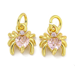 Rack Plating Brass Micro Pave Cubic Zirconia Spider Charms, Long-Lasting Plated, Cadmium Free & Lead Free, Real 18K Gold Plated, Pink, 9x8x4mm, Hole: 3.5mm(ZIRC-I065-02B)