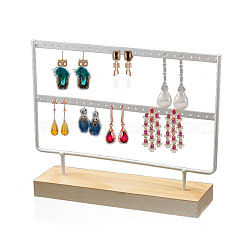 Double Levels Rectangle Iron Earring Display Stand, Jewelry Display Rack, with Wood Findings Foundation, White, 29.3x6.9x21.5cm(CON-PW0001-151A-01)