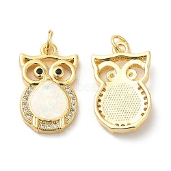 Rack Plating Brass Micro Pave Clear Cubic Zirconia Pendants, with Resin Imitation Opal, Cadmium Free & Lead Free, Long-Lasting Plated, Owl, Real 18K Gold Plated, 20.5x13x3.5mm, Hole: 3.4mm(KK-C025-04G)