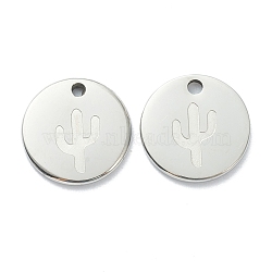 304 Stainless Steel Charms, Flat Round with Cactus, Stainless Steel Color, 11.5x1mm, Hole: 1.5mm(STAS-P280-04P)