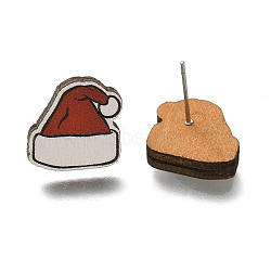 Christmas Printed Wood Stud Earrings for Women, with 316 Stainless Steel Pin, Platinum, Hat, 13.5x14mm, Pin: 0.6mm(EJEW-U025-01H)