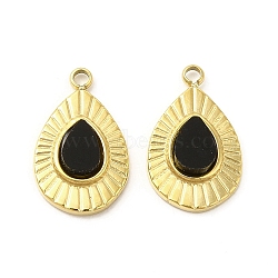 Natural Black Onyx(Dyed & Heated) Teardrop Charms, with PVD Vacuum Plating Real 18K Gold Plated 201 Stainless Steel Findings, 13x9x2.5mm, Hole: 1.2mm(STAS-J401-VC666)