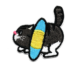 Computerized Embroidery Cloth Iron on/Sew on Patches, Costume Accessories, Appliques, Cat with Swim Ring, Black, 44x43mm(DIY-I013-09)