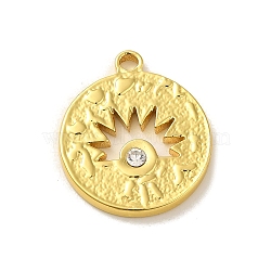 304 Stainless Steel Pendants, with Rhinestone, Flat Round with Sun Charm, Real 18K Gold Plated, 20.5x18x2.5mm, Hole: 1.8mm(STAS-Q322-29G-04)