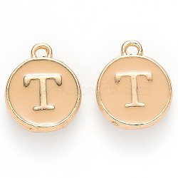 Golden Plated Alloy Enamel Charms, Cadmium Free & Lead Free, Enamelled Sequins, Flat Round with Letter, Wheat, Letter.T, 14x12x2mm, Hole: 1.5mm(X-ENAM-S118-06T)