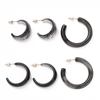 C-shape Stud Earrings, Resin Half Hoop Earrings, Open Hoop Earrings for Women, Black, 27~40.5x6~10.5mm, Pin: 0.8mm, 3 pairs/set